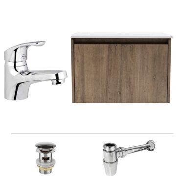 Pack Mueble de Baño Florencia 70 cm ancho Dark Oak con Grifería, Sifón y Desagüe
