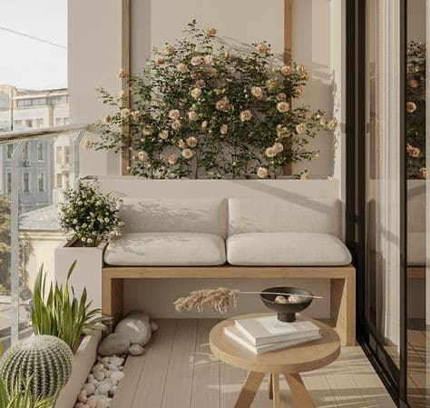 Terraza con sillón de dos cuerpos blanco.