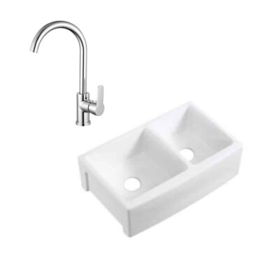 Pack Lavaplatos Cerámica Tipo Granja + Griferia de Cocina Satinado