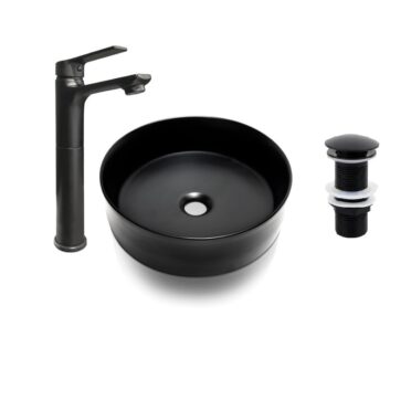 Pack Lavamanos Redondo Sobre Cubierta Nora Matte Black con Griferia Eleos Alta y Desague Black