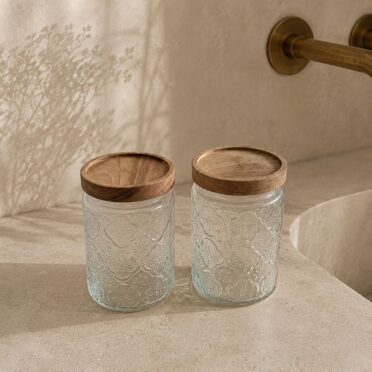 Frasco de Vidrio con Textura y Tapa de Madera 14x10cm